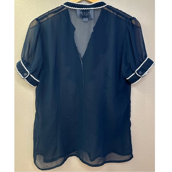 The Shirt by Rochelle Behrens Blue Ruffled Trimmed Sheer Short Sleeve Blouse - Picture 3 of 8